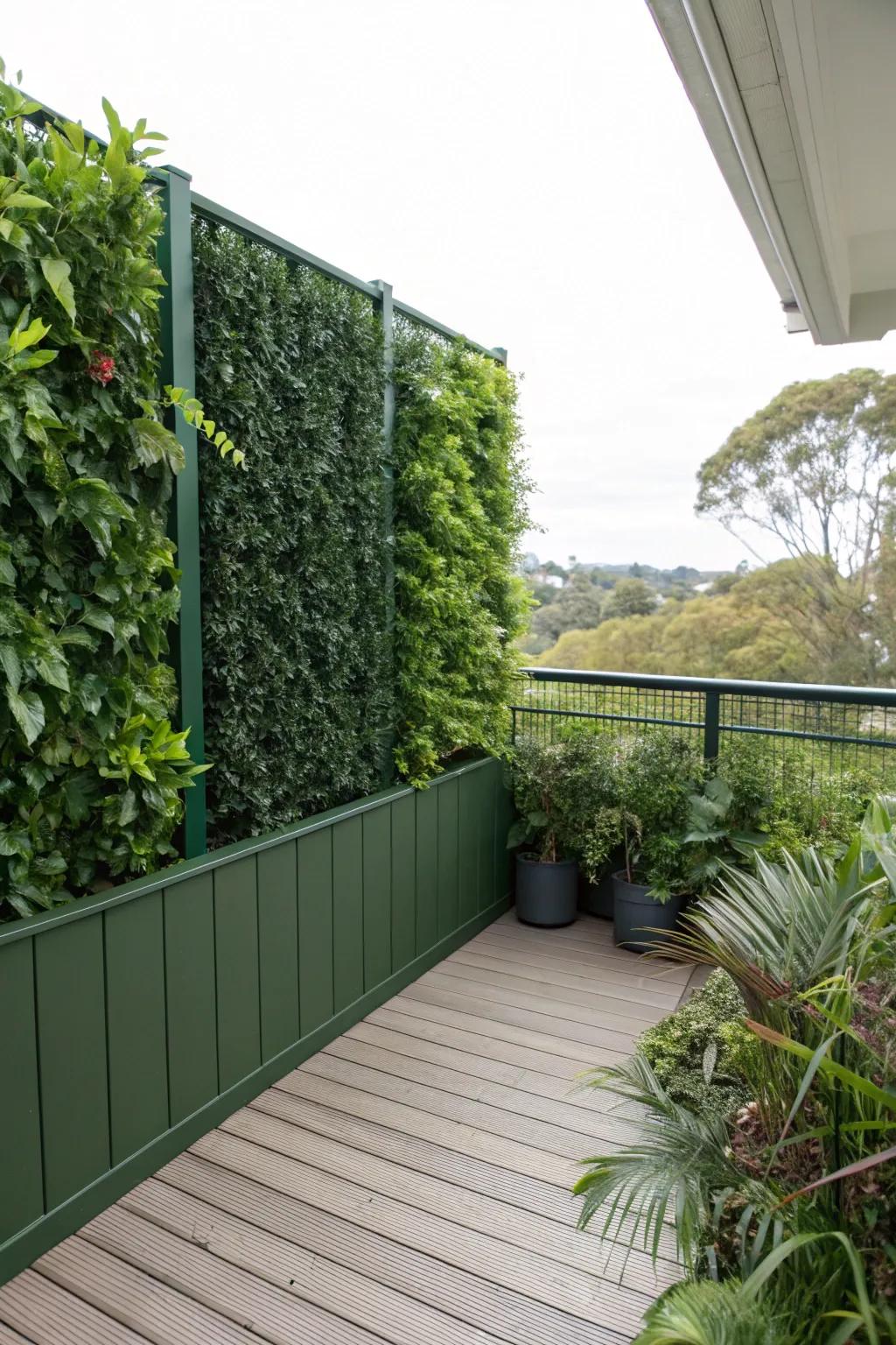 A realistic faux verdant wall renders seclusion devoid of the upkeep.