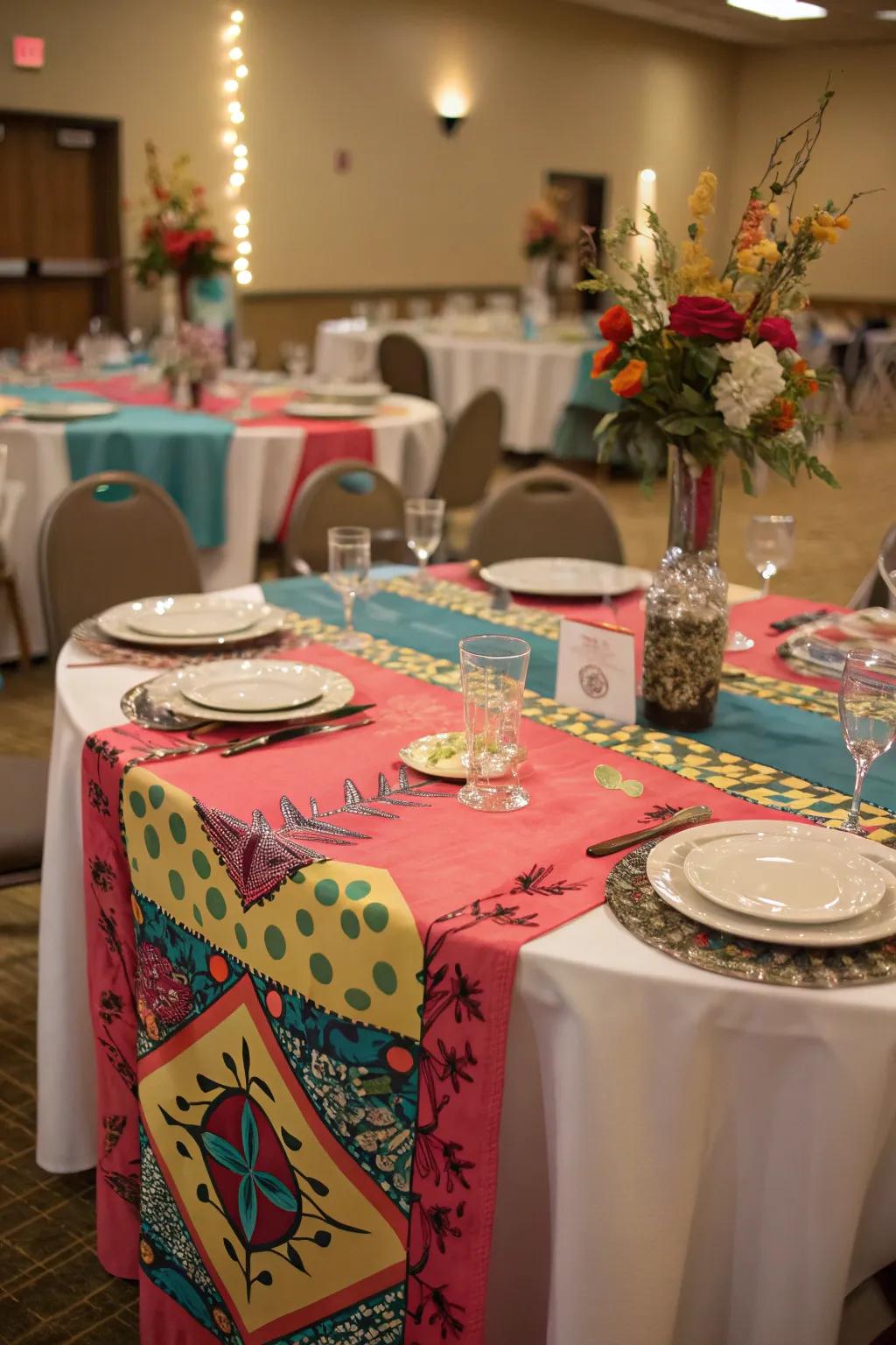 Themed tablecloths and sashes inject hue and texture.