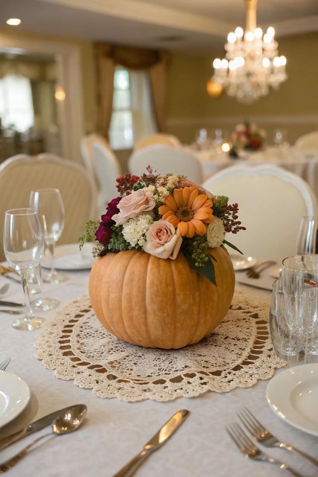 An exquisite bloom pumpkin perfect as a dining table centerpiece.