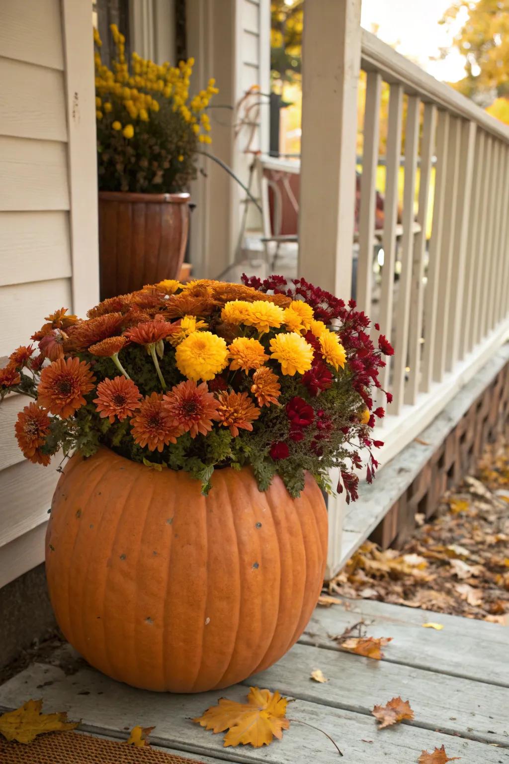 A pumpkin planter with vibrant fall flowers.