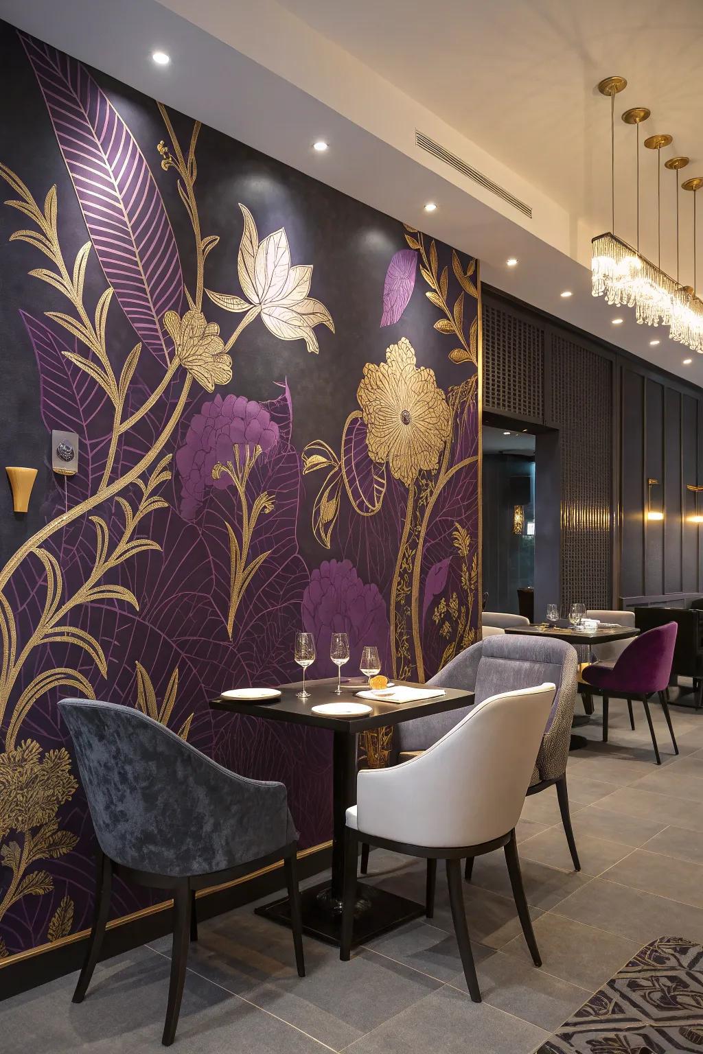 A wall mural with purple and gold elements creates a striking effect.