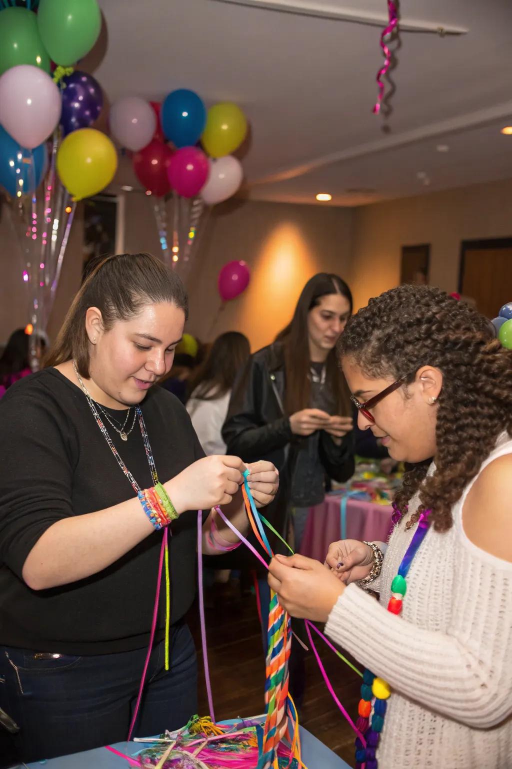 Guests making spectral friendship bands as party swag.