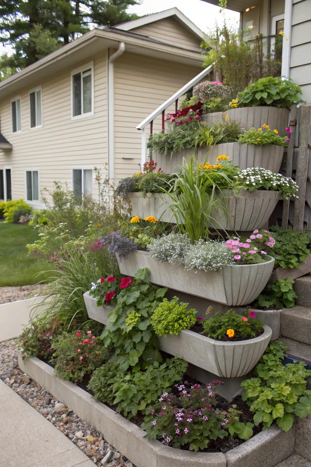 Multi-tiered planters introduce height and fascination.