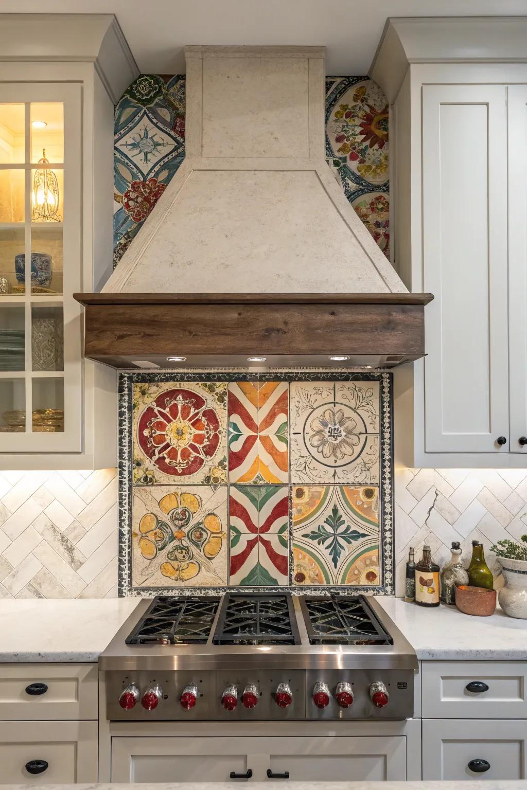 Artistic tile patterns transform your range hood into a masterpiece.