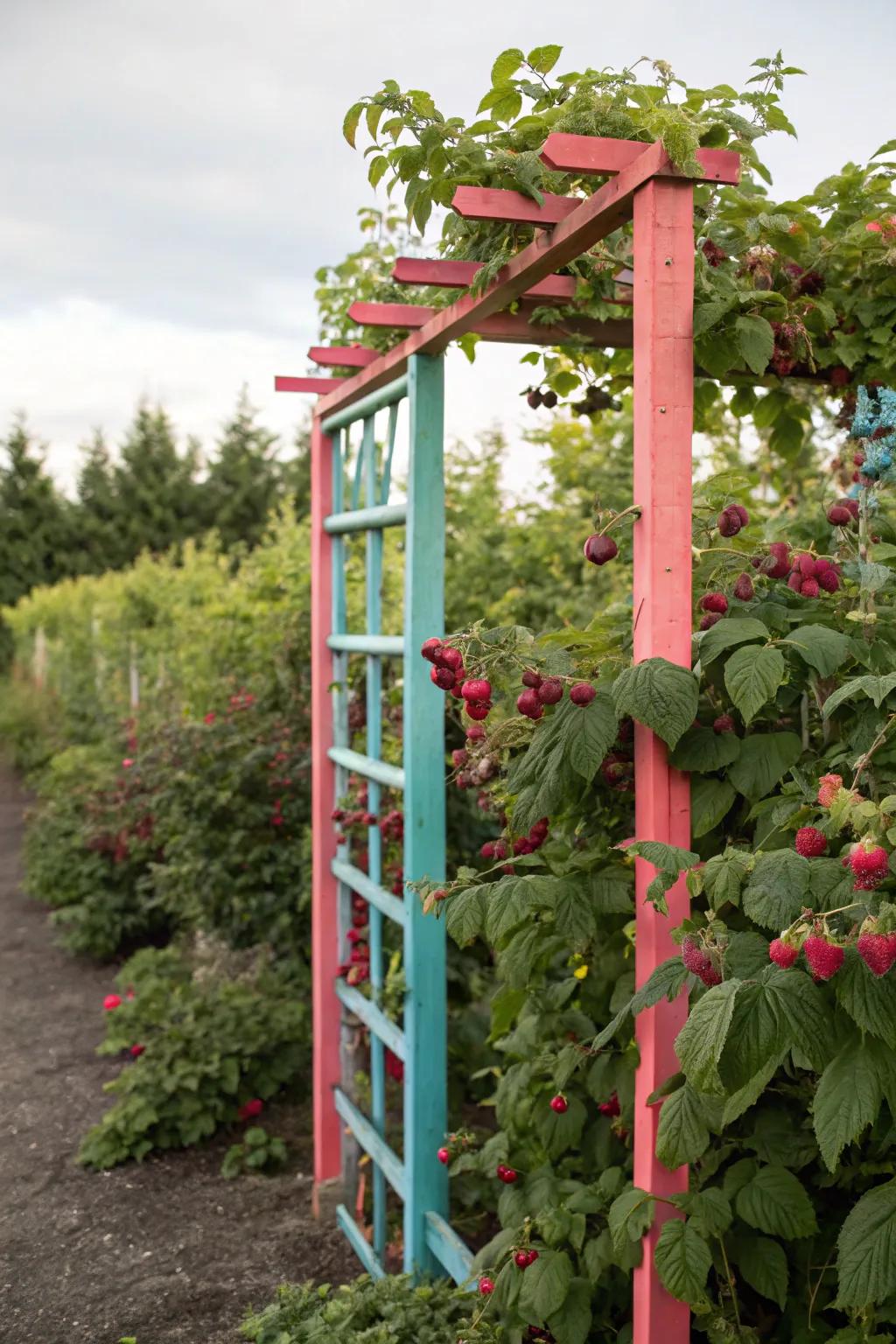A hued trellis brings vibrancy and delight to any raspberry garden.