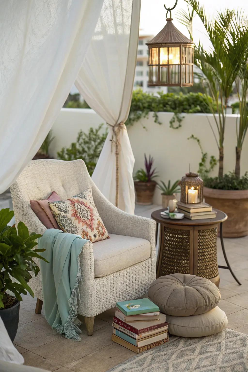 A reading nook that evokes a sense of vacation bliss.