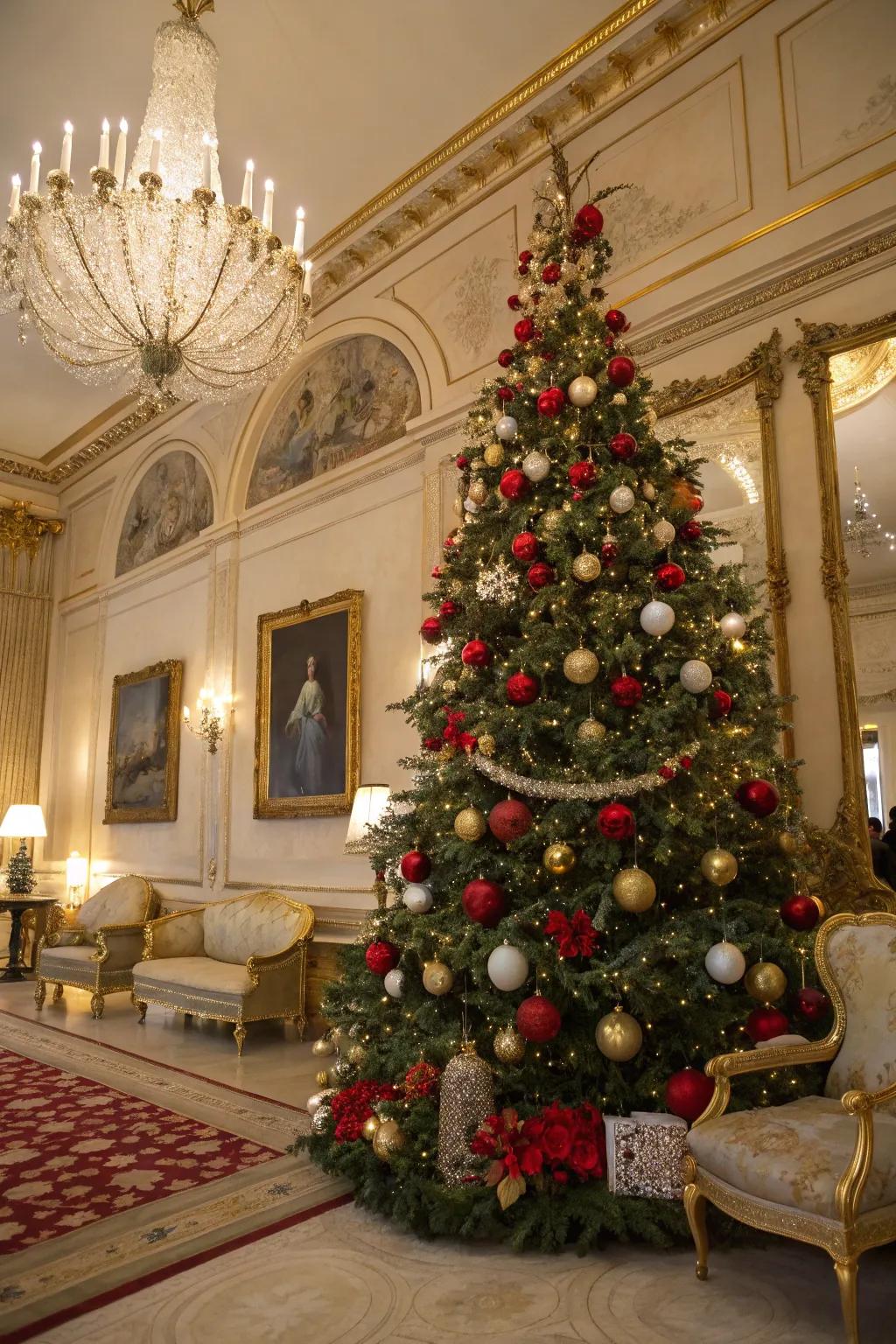 Intricate ornaments add opulence to the Christmas tree.
