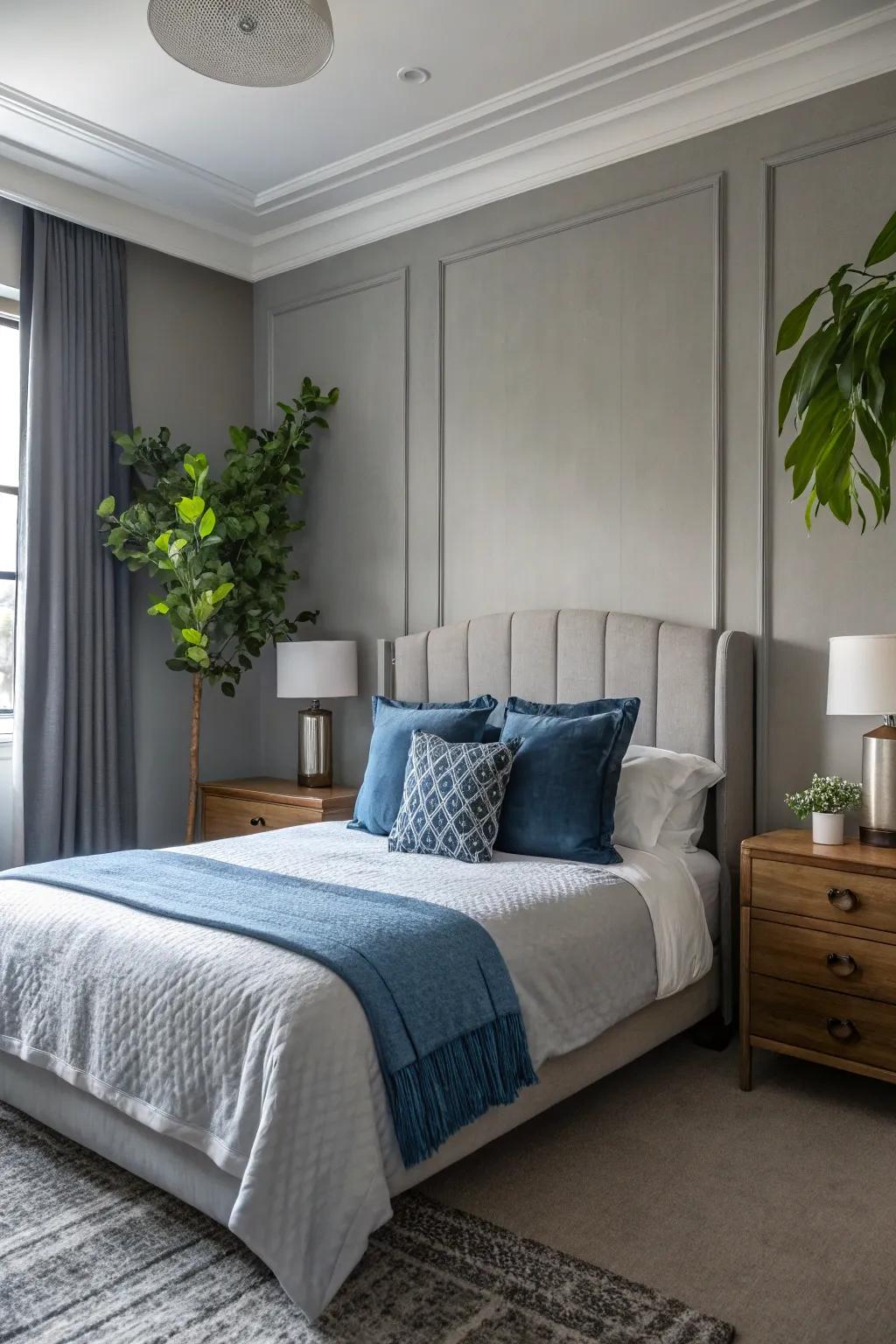 A pop of color adds vibrancy to a tranquil mist bedroom.
