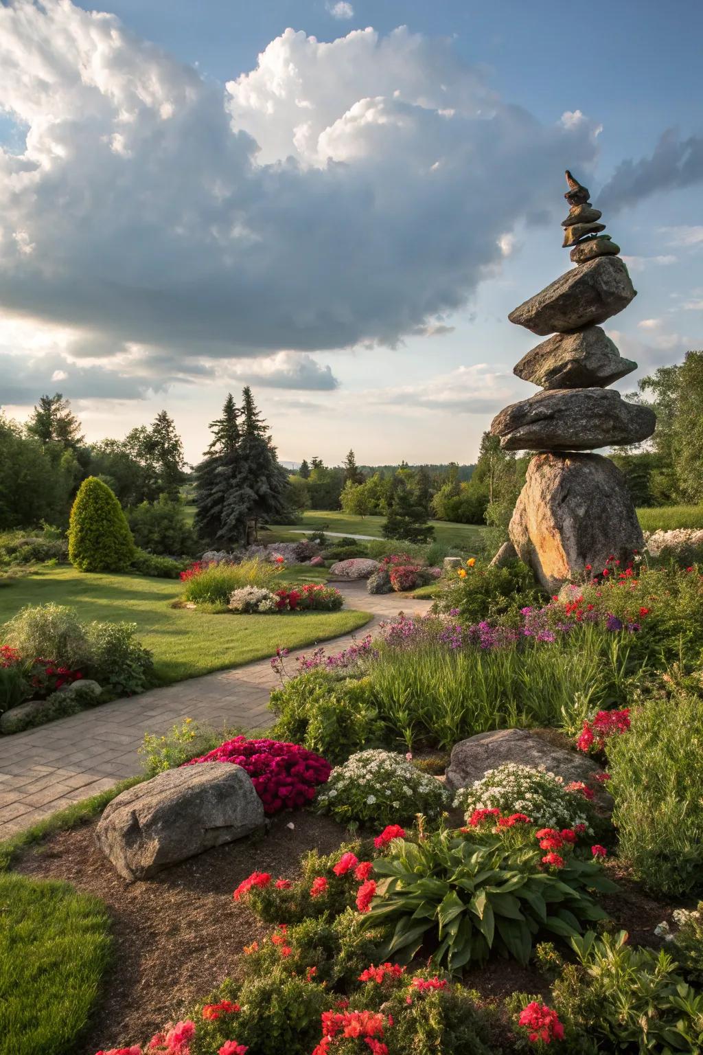 Rock sculptures turn gardens into artful spaces.
