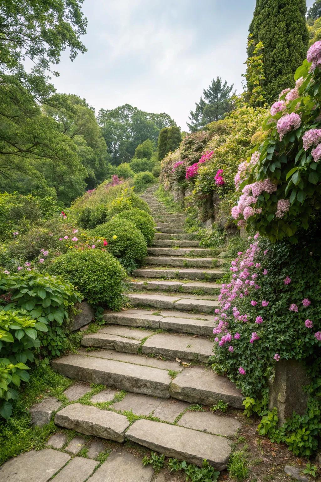 Natural stone steps offer drama and functionality on slopes.