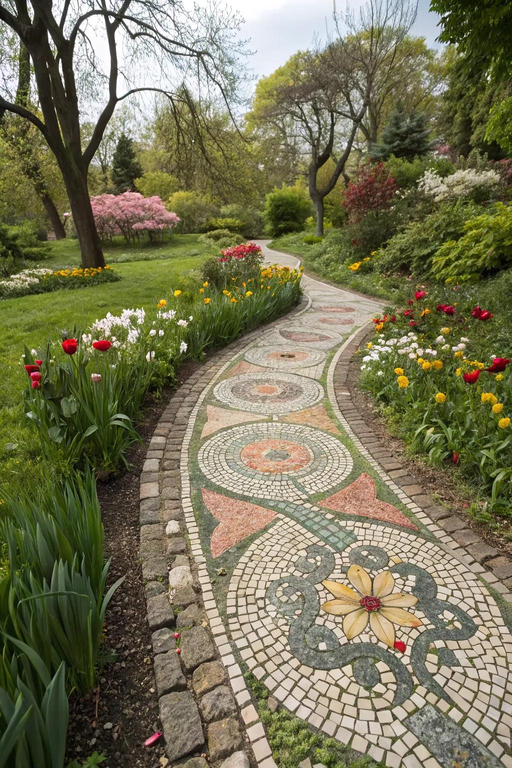 Mosaic routes extend a singular and artistic accent to garden walkways.