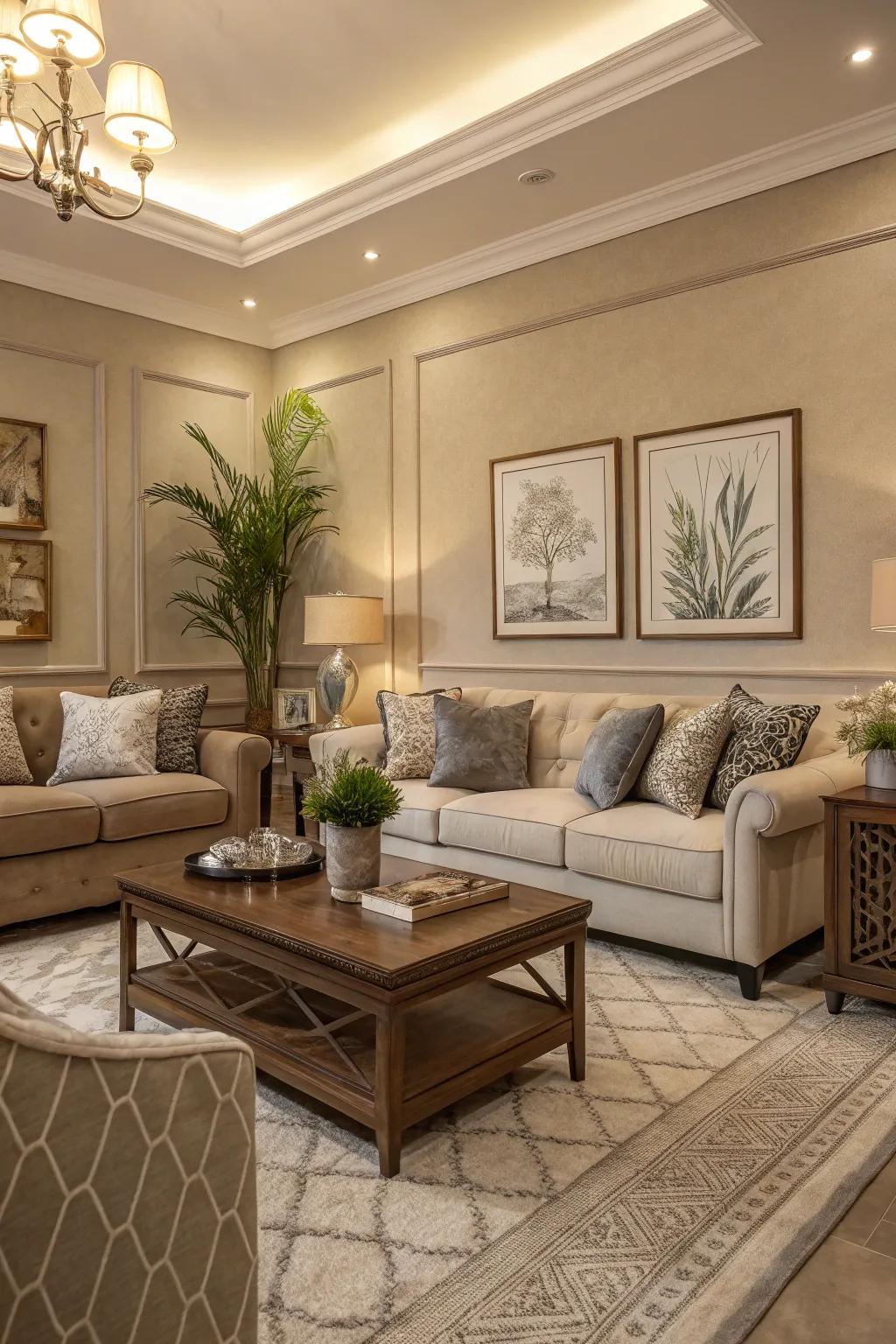 An elegant living room featuring greige colors and modern sophistication.