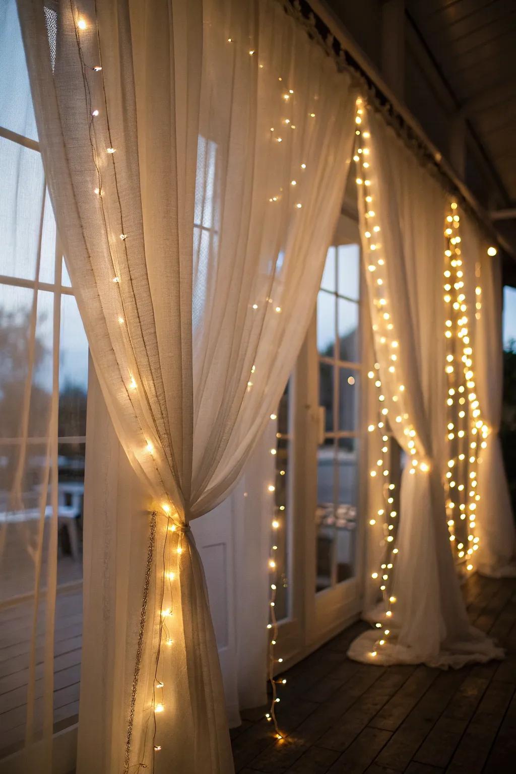 Create a soft, romantic glow with radiant strands and sheer curtains.
