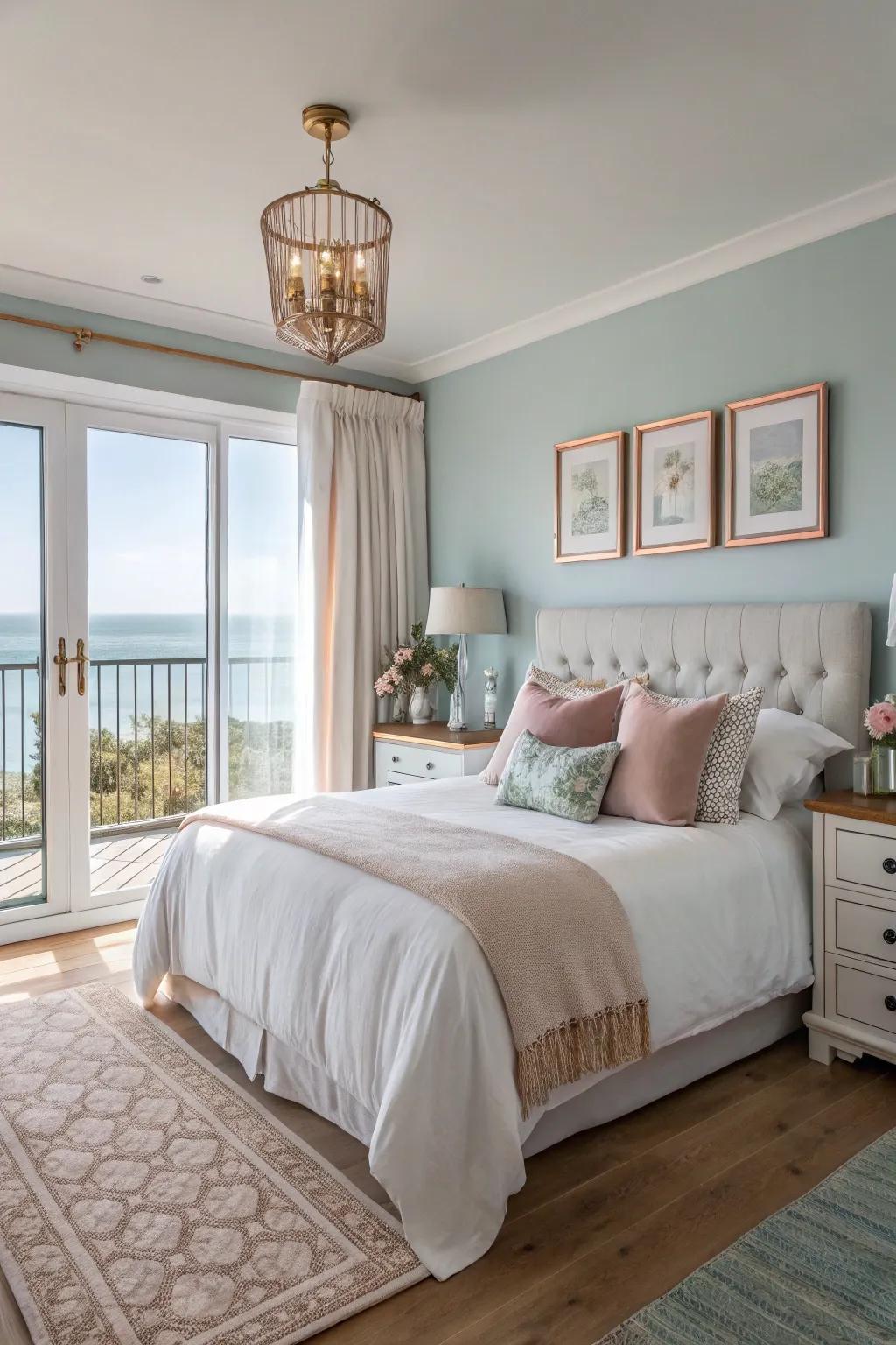 Blush tones inject warmth into a seaside-inspired room.
