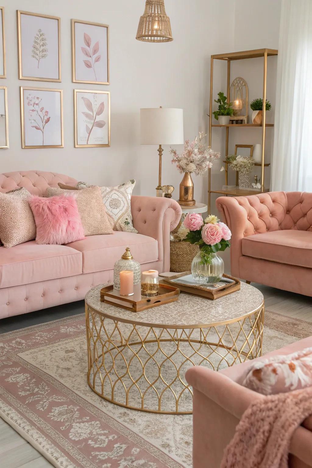 A rose gold and blush palette crafts a gentle, harmonious look.