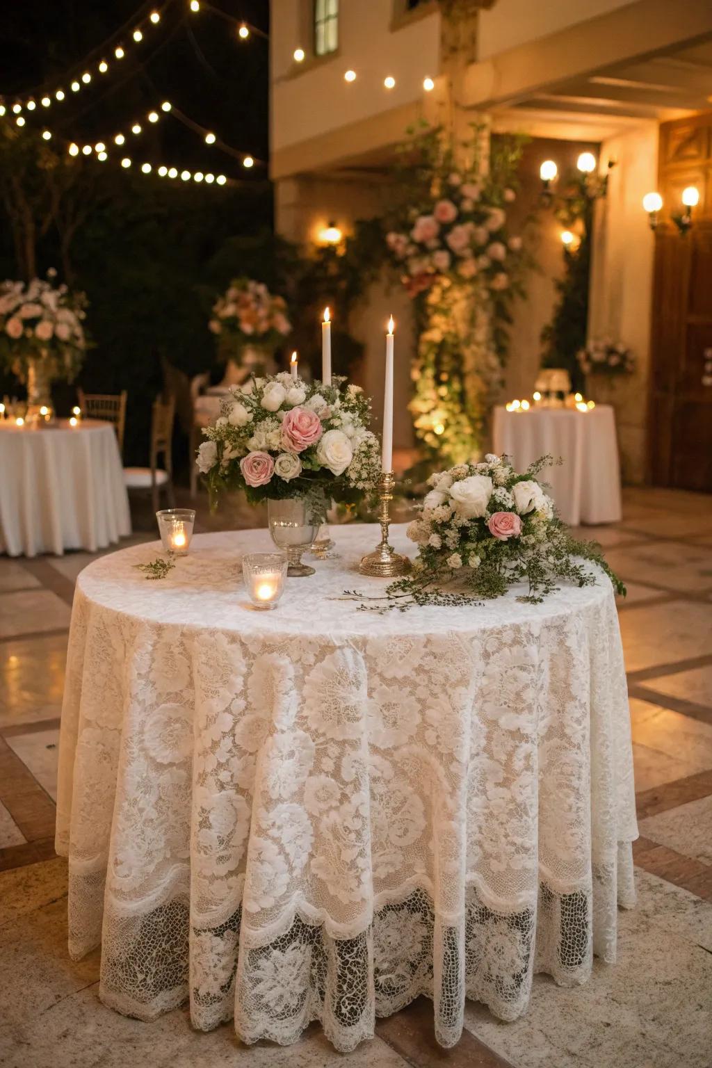 Enchanting fabric table covering for a classic-inspired wedding.