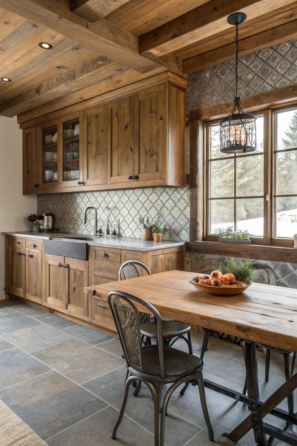 Lumber and steel design a unique texture and depth in the backsplash.