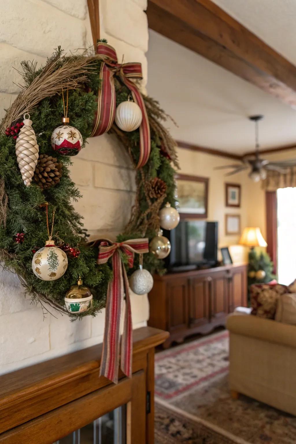 Antique baubles add nostalgic charm to this wreath.
