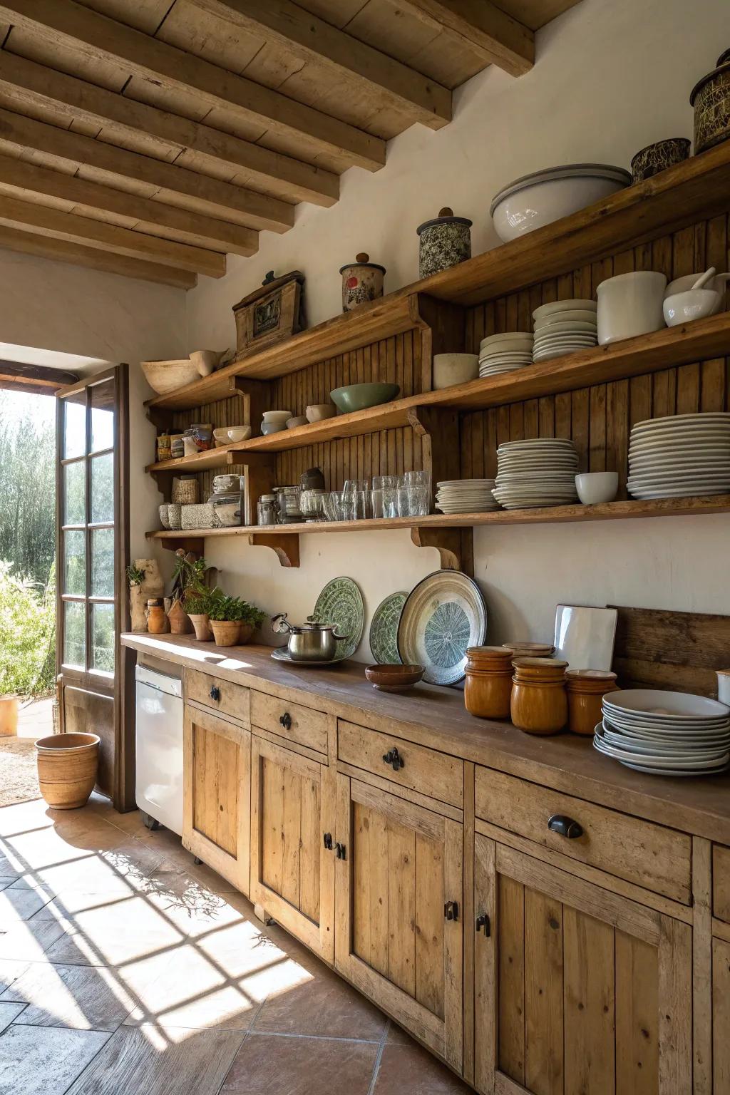 A culinary space featuring open shelving with countryside allure.
