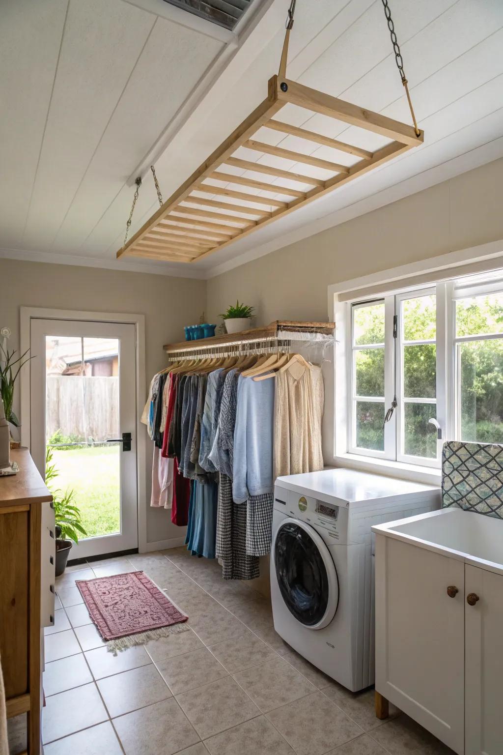 A hanging drying rack balances practicality and vintage-inspired styling.