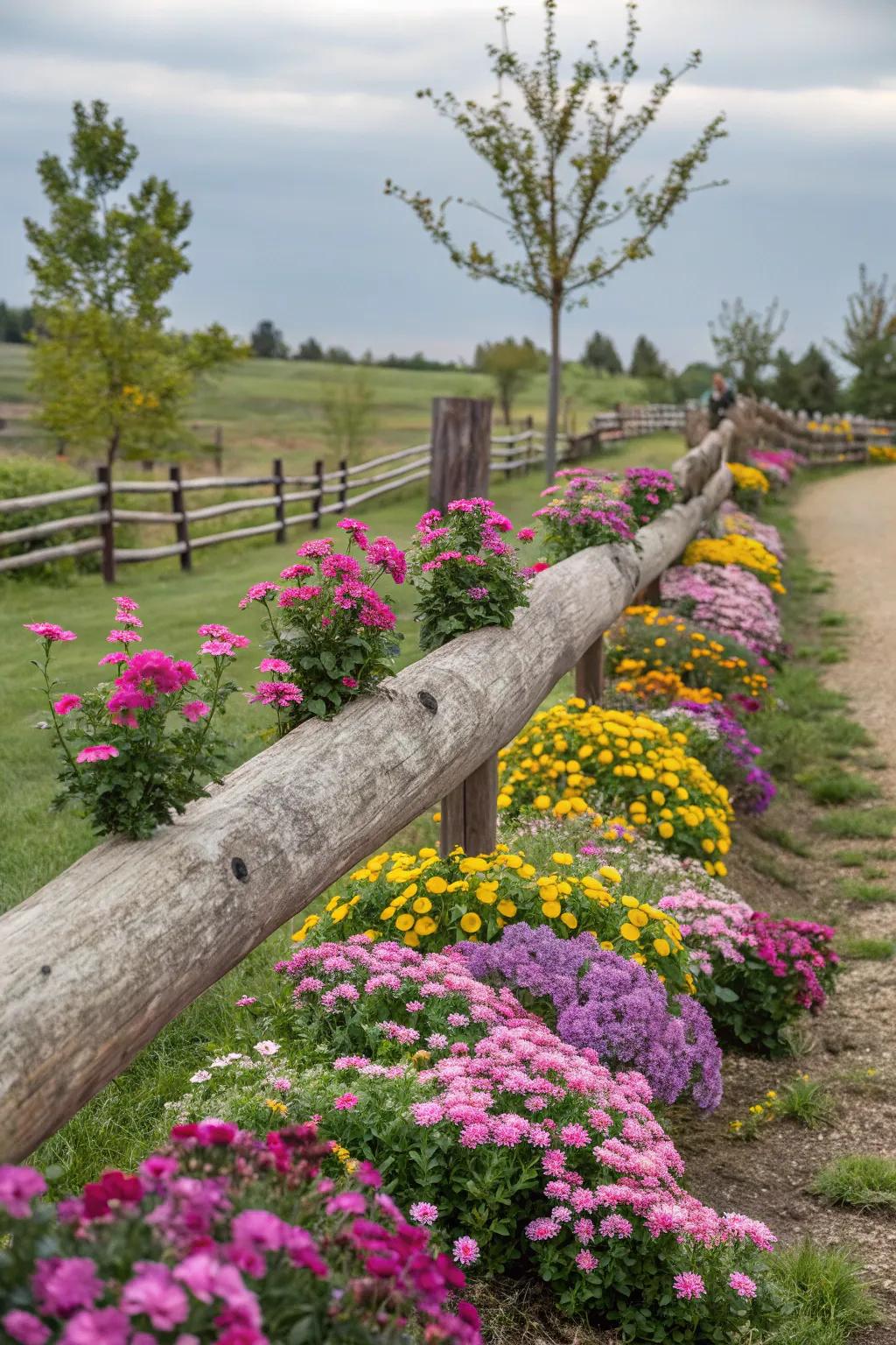 A floating log fence adds a whimsical element to a colorful garden landscape.