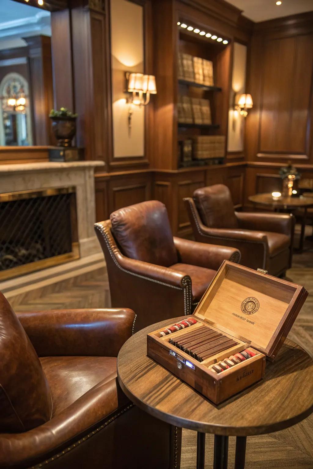 A cigar lounge nook infuses a refined detail to the man cave.