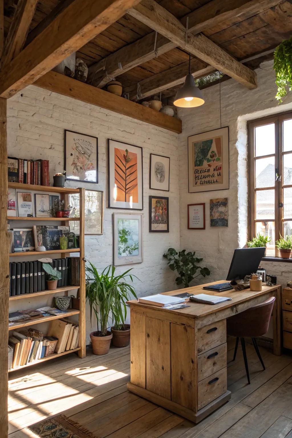 Inspirational art personalizes and inspires a country-style office.