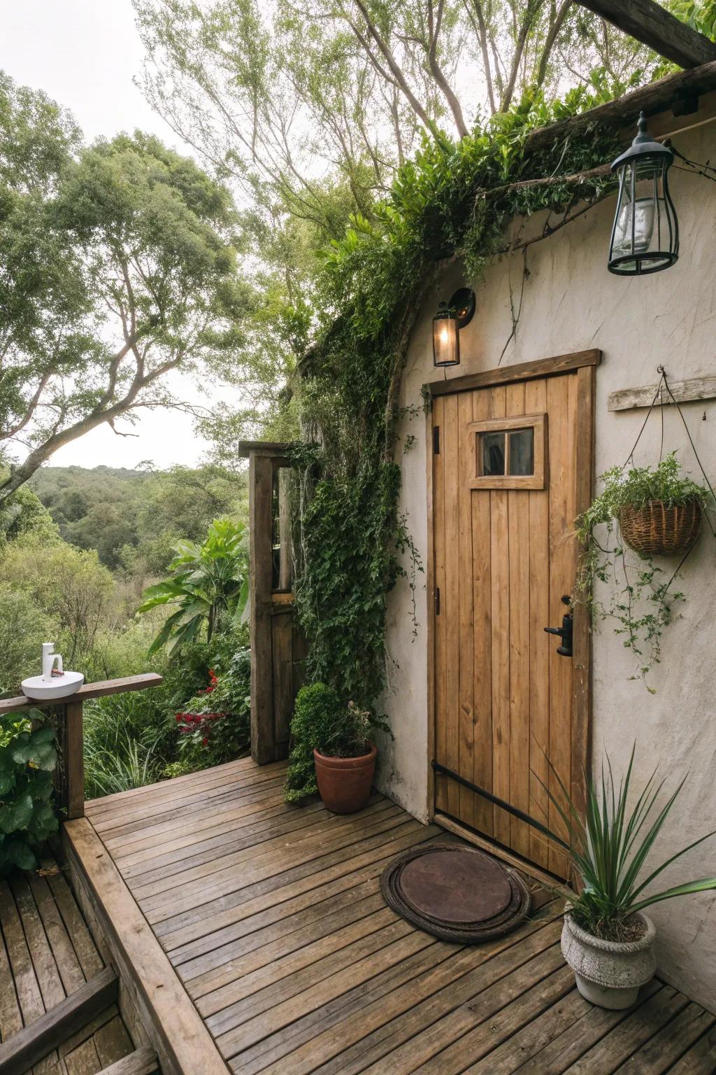 A wood patio creates a warm foundation for this outside retreat.