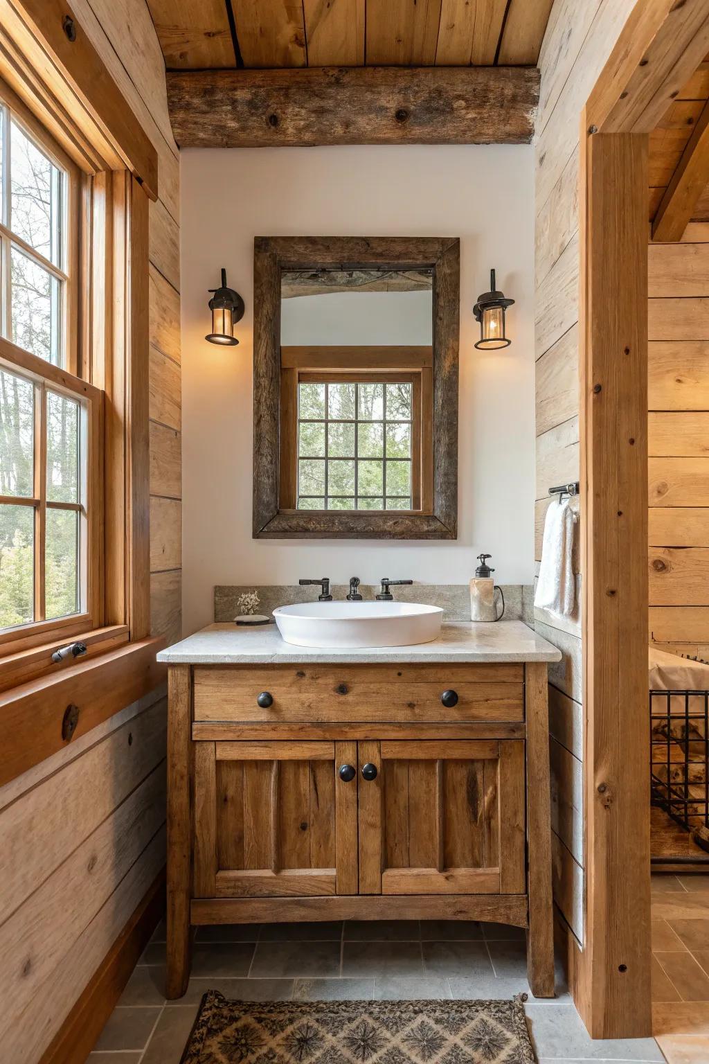A panel mirror introduces a unique rustic touch.