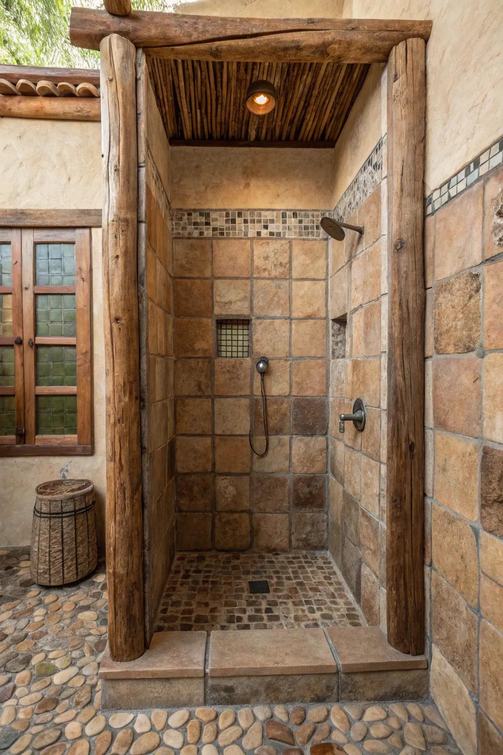 A shower spotlighting hand-made blocks, therefore, infusing an artisanal dimension that enhances its prevailing weathered theme.