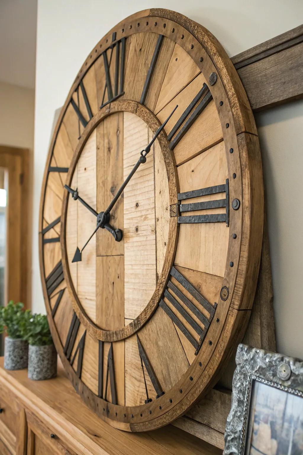 A countryside wall timepiece featuring reclaimed timber aspects enhances both charm and utility.