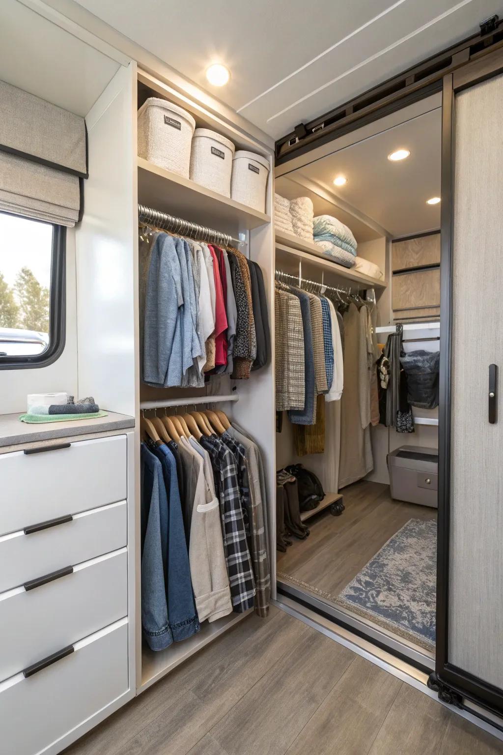Rotating rods provide accessibility and simplicity to RV closet storage.