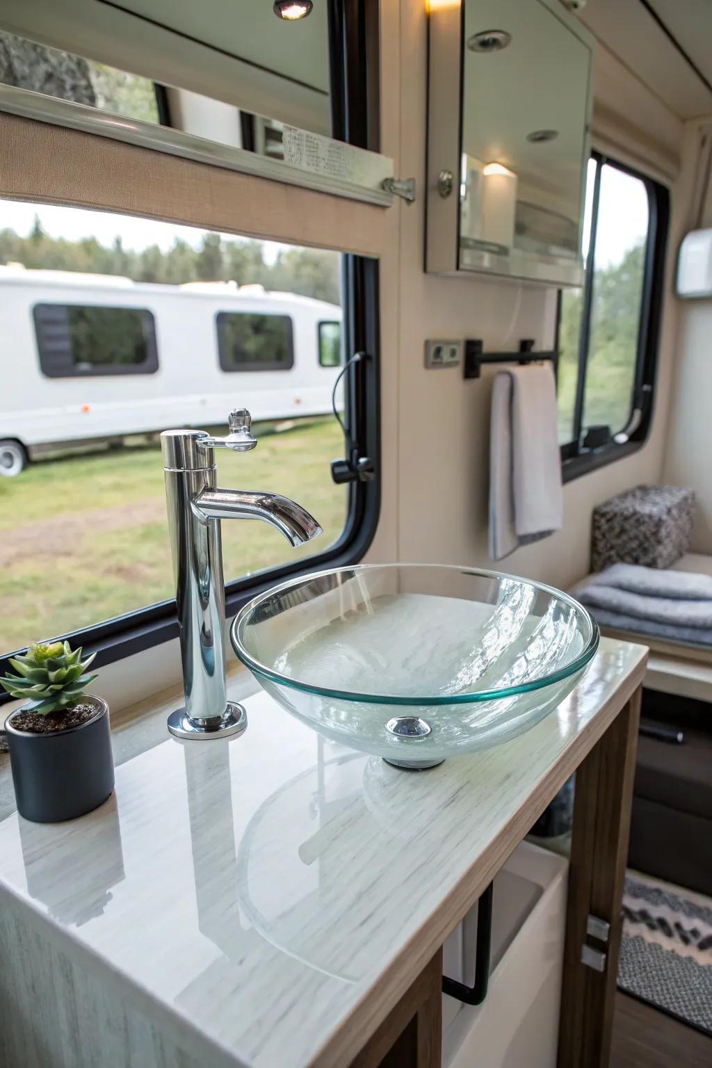 A glass basin providing modern elegance to an RV lavatory.