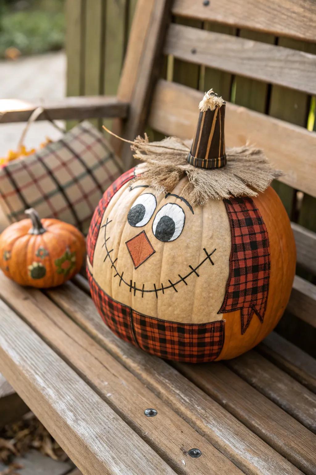 Plaid patterns add a country style to the scarecrow pumpkin.