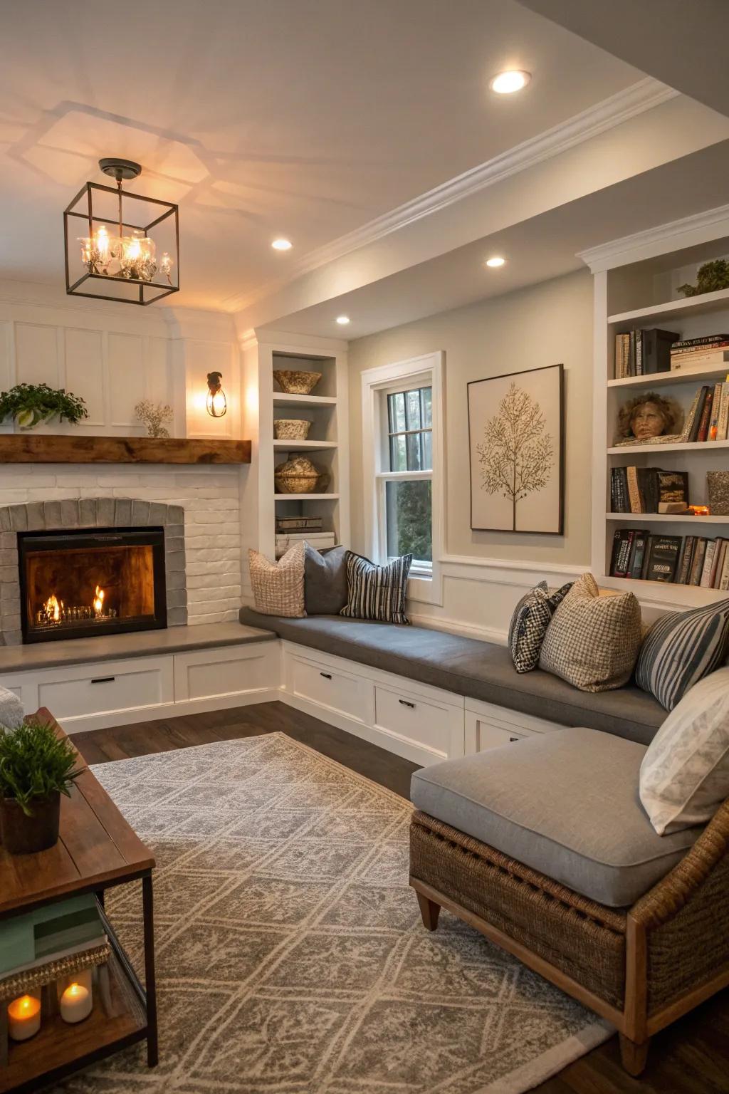 Built-in benches offer a practical and stylish seating solution surrounding the fireplace.