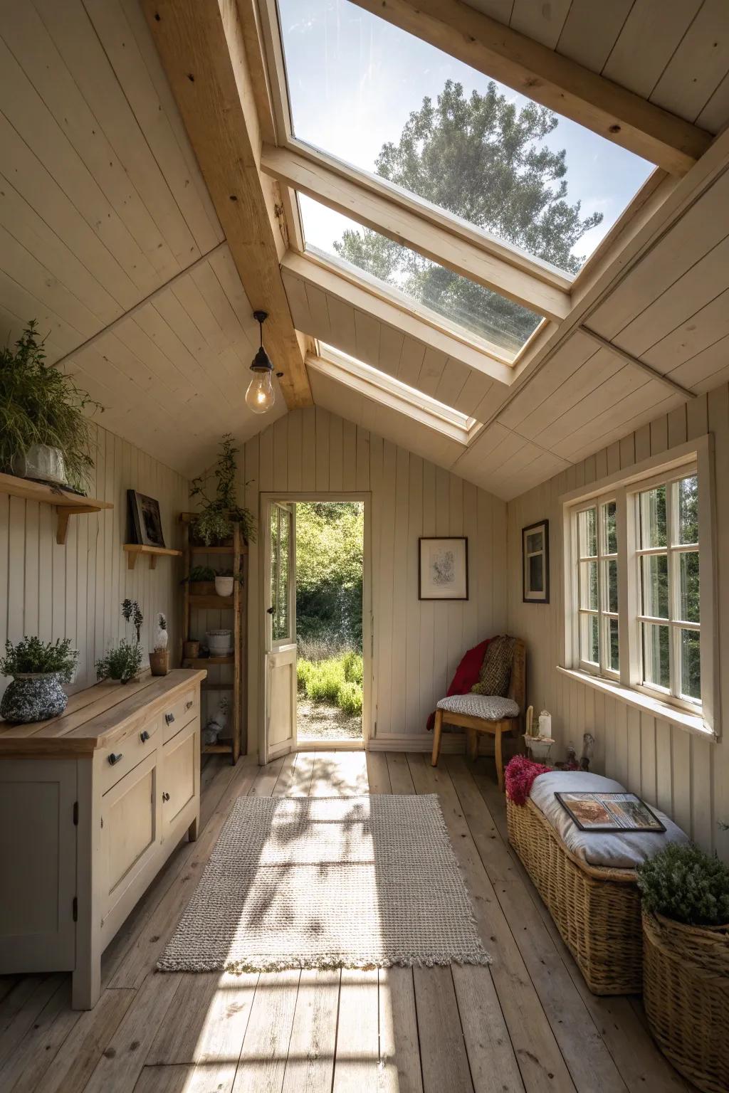 Skylights flood spaces with natural light and openness.