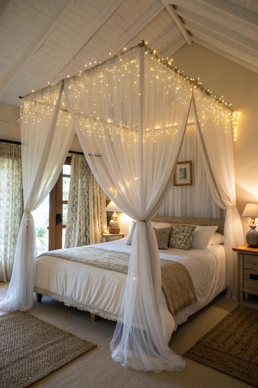 A whimsical bed covering crafted from wispy curtains adds a snug and magical touch to the bedroom.