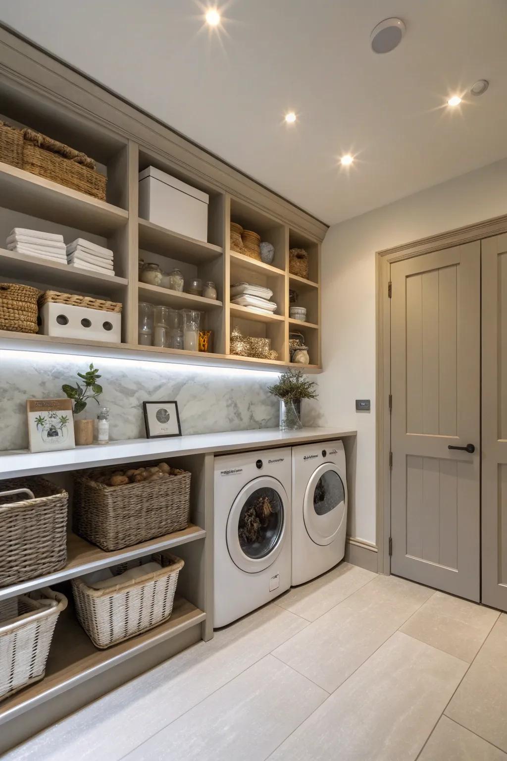 Hidden shelves in a utility area provide storage options that are both discreet and effective.