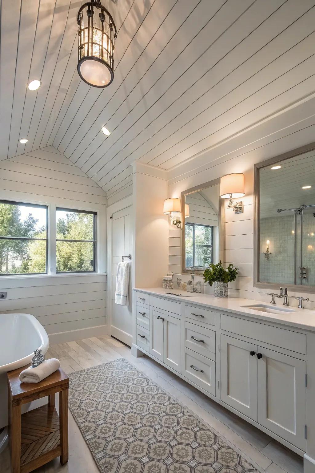 An unusual yet vogue shiplap ceiling in a bathroom setting.