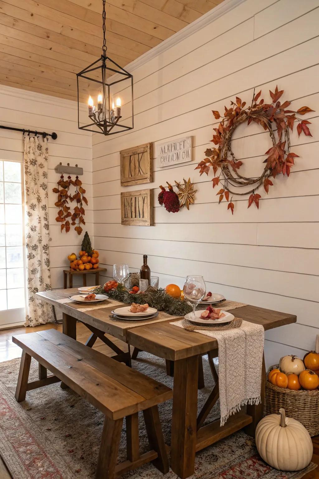 A changing dining room with wood-panel walls and seasonal decor.