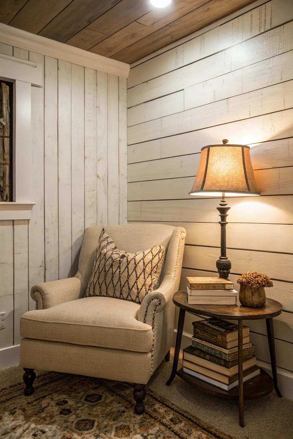 A warm reading spot enhanced by shiplap.