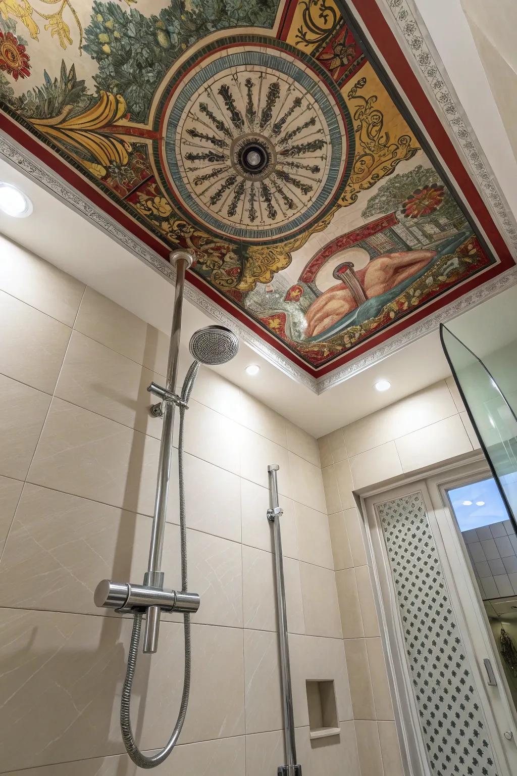 A ceiling artwork adds a personal artistic touch.
