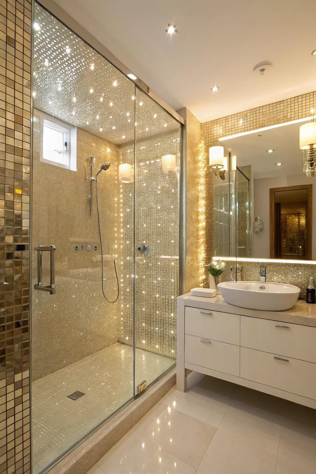Shining glass tiles add glam and improve space.