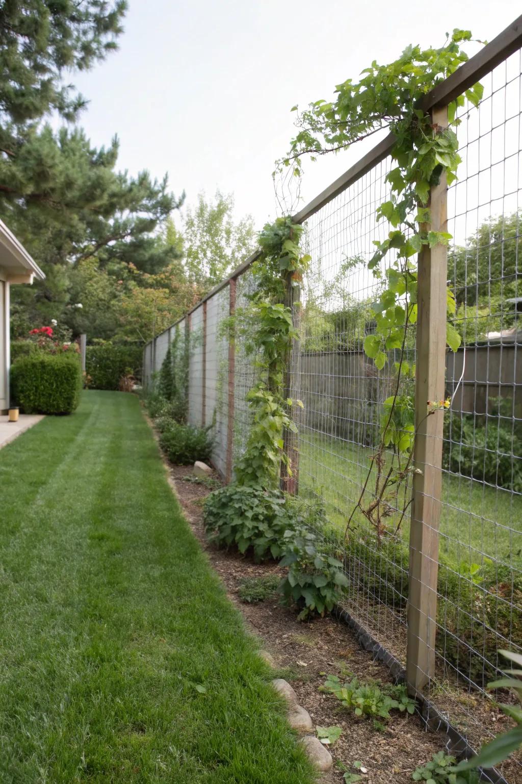 Airy side yard featuring a wire netting enclosure.
