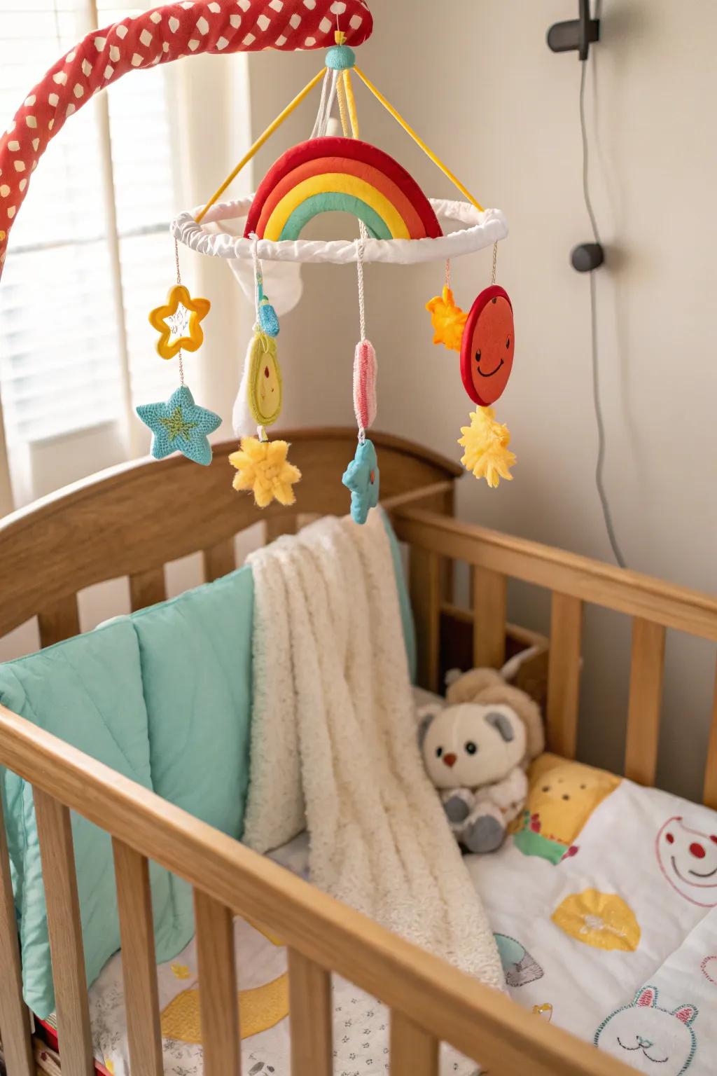 A vibrant infant dangler introduces a whimsical detail to the nursery.
