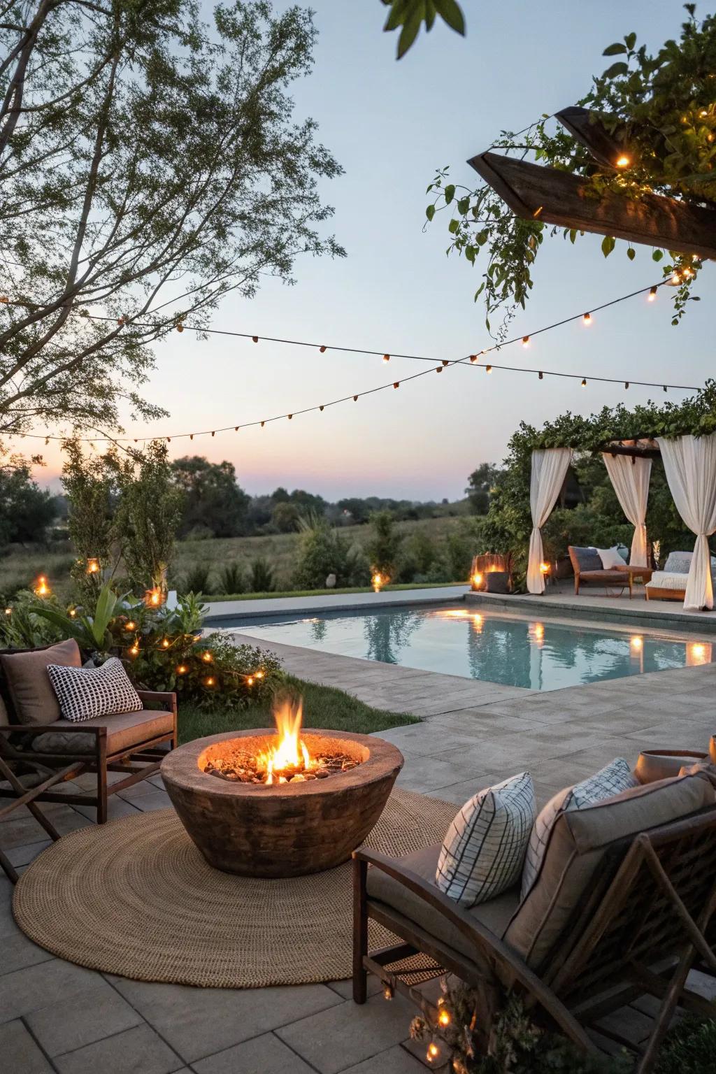 A cozy fire pit improving warmth and social times by the pool.