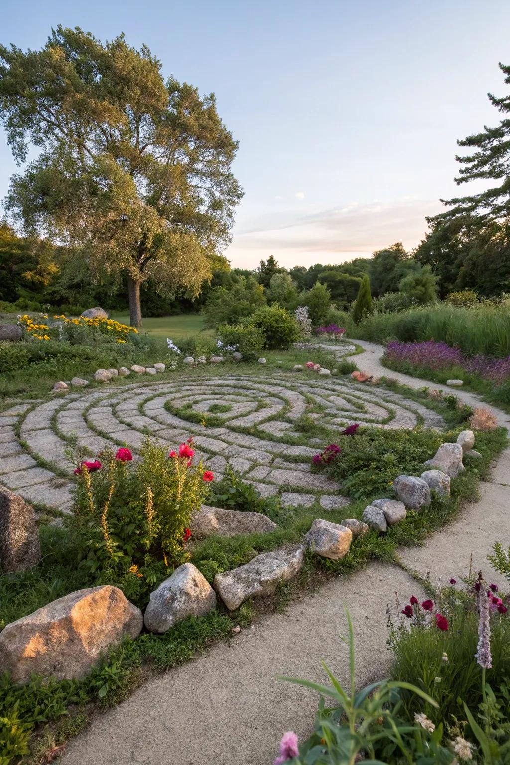 Stone mazes encourage exploration and meditation in gardens.