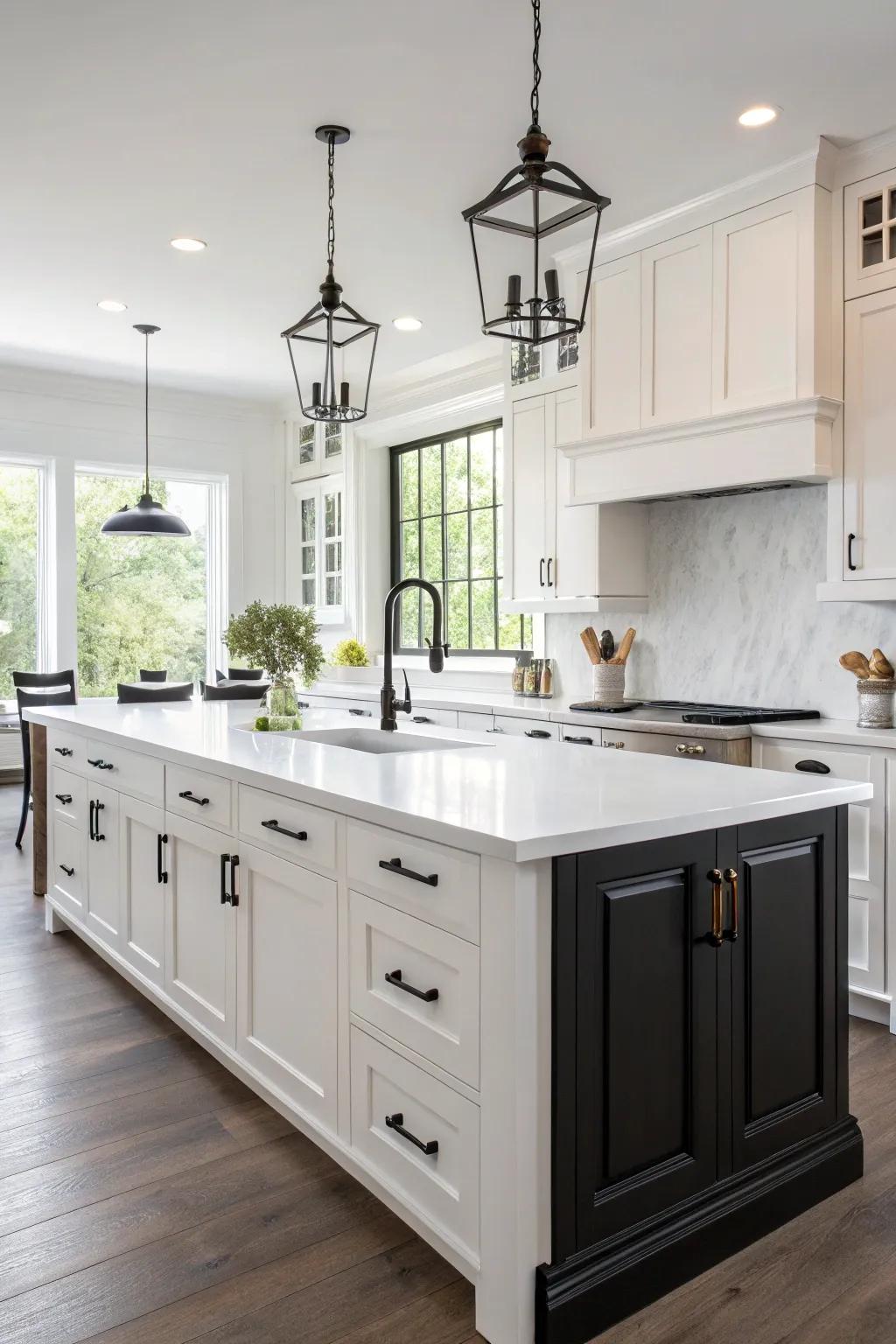 Dark accents create a striking contrast in a white kitchen.