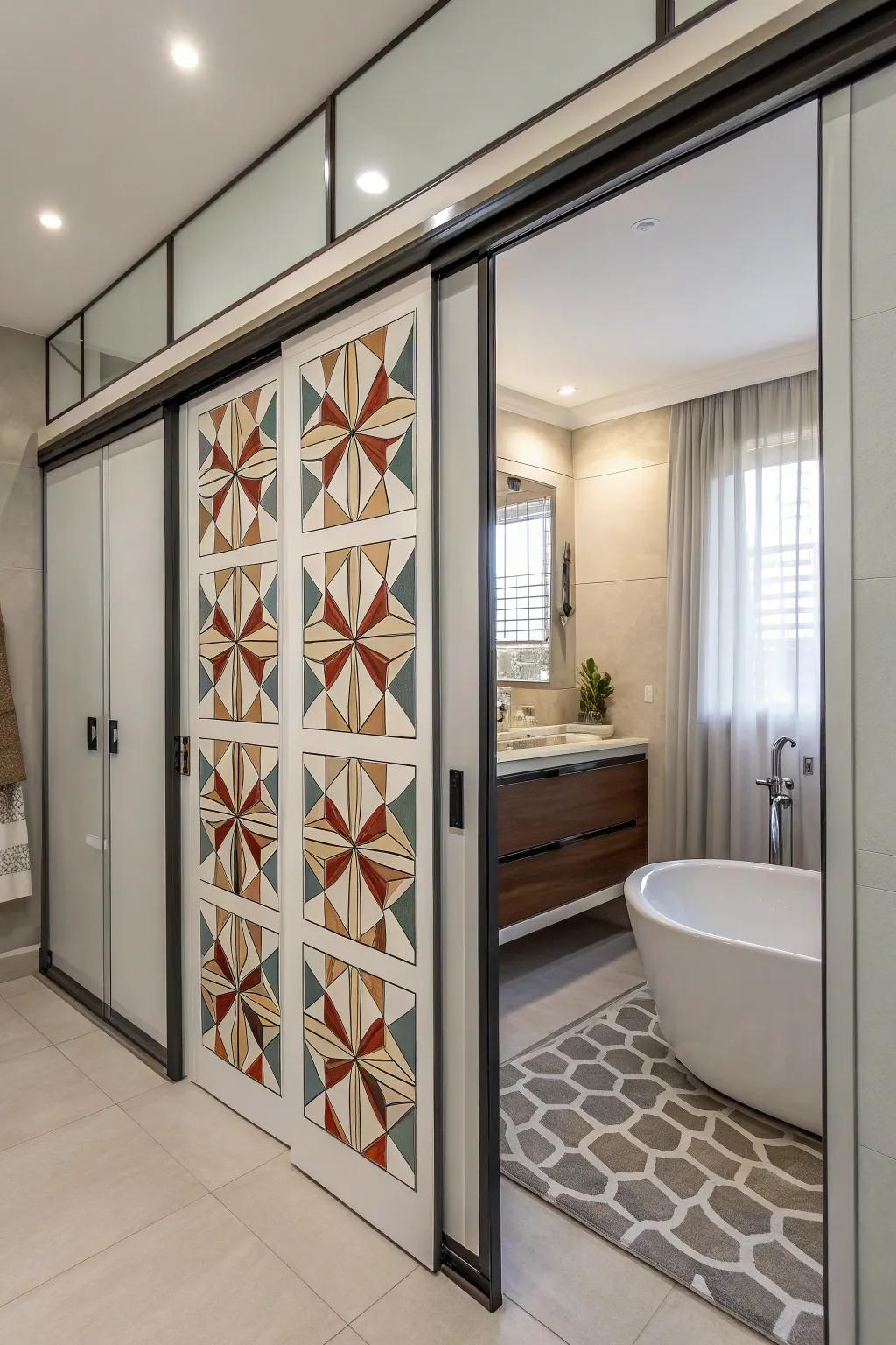 Shape designs on moving doors make a modern and bold point in this bathroom.