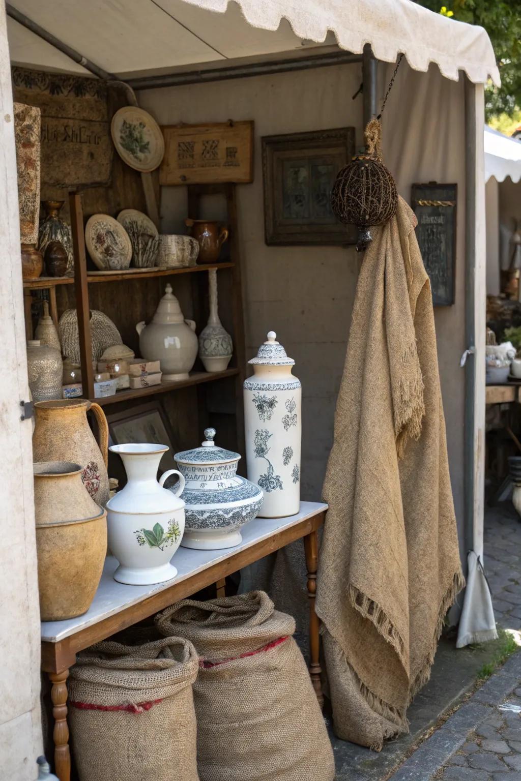 Mixture of ceramics and sackcloth creating visual interest